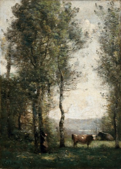 Paisaje boscoso con vacas en un claro de Jean-Baptiste-Camille Corot