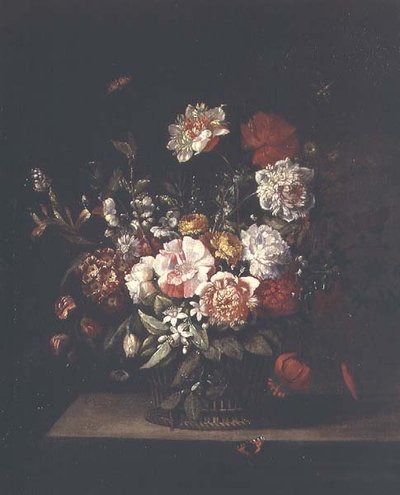 Flores mixtas en una cesta de mimbre con polillas, libélula y almirante rojo en un borde de Jean Baptiste (follower of) Monnoyer