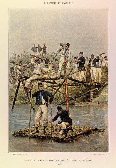 Tipos y uniformes del Ejército Francés del Capitán Jules Richard, ilustrado por Edouard Detaille (1848-1912): Cuerpo de Ingenieros; Construcción de un puente de fascines en 1887, colección privada de Jean Baptiste Edouard Detaille