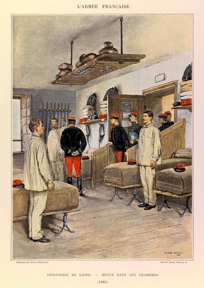 Tipos y uniformes del Ejército Francés del Capitán Jules Richard, ilustrado por Edouard Detaille (1848-1912): Infantería de línea: Revisión en las cámaras en 1885, colección privada de Jean Baptiste Edouard Detaille