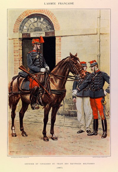 Tipos y uniformes del Ejército Francés del Capitán Jules Richard, ilustrado por Edouard Detaille (1848-1912): Oficial y jinetes del tren de equipos militares en 1887, Colección privada de Jean Baptiste Edouard Detaille