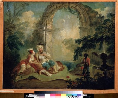 Orientalismo: "El pachá turco y la odalisca tumbados en una alfombra, servidos por un criado negro" (El pachá turco y la odalisca) Pintura de Jean Baptiste Hilaire (1753- 1822) Museo Pushkin, Moscú de Jean Baptiste Hilaire