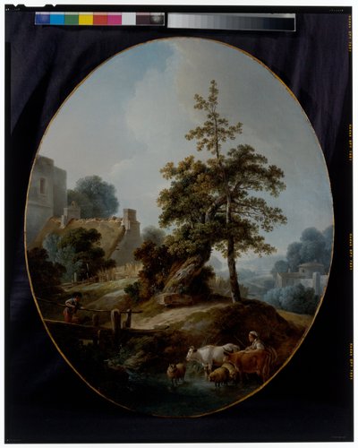 Paisaje con un niño y una pastora con vacas y ovejas de Jean Baptiste Huet