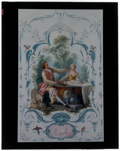 Dos paneles decorativos con parejas de enamorados titulados "El picnic" y "El brindis" de Jean Baptiste Huet