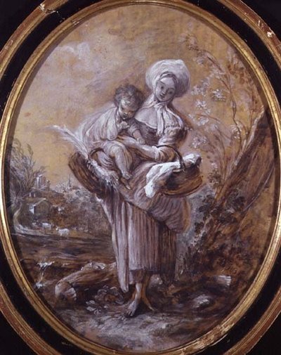 Mujer con niño en paisaje campestre (dibujo) de Jean Baptiste Huet