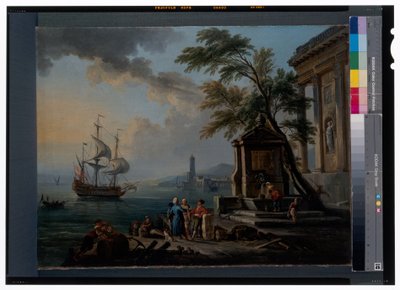 Comerciantes turcos en un puerto mediterráneo al amanecer de Jean Baptiste Lallemand