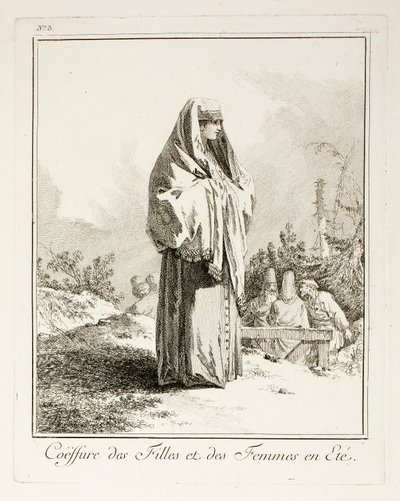 Tocado para niñas y mujeres en verano, lámina tres de Divers Habillements des Peuples du Nord de Jean-Baptiste Le Prince