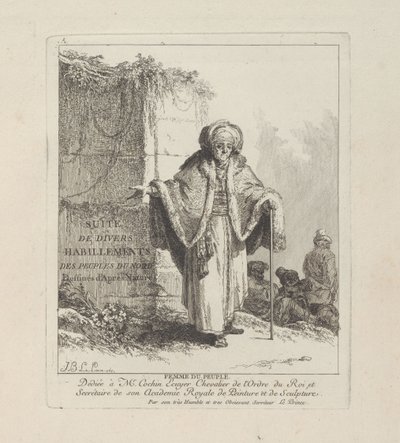 Mujer del pueblo, lámina uno de Divers Habillements des Peuples du Nord de Jean-Baptiste Le Prince