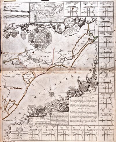 Proyecto de construcción de un canal de comunicación entre el océano Atlántico y el mar Mediterráneo, parte inclusiva aproximadamente entre Capestang y Étang de Thau; en las regiones de Languedoc-Rosellón, Francia. de Jean-Baptiste Nolin