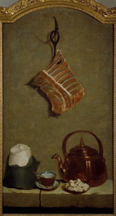 Naturaleza muerta con cuarto de carne, pan de azúcar, tetera de cobre y taza de Jean Baptiste Oudry