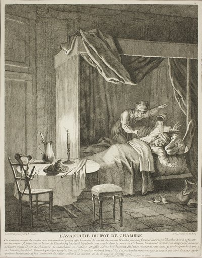 La aventura del orinal, lámina cuatro de Scènes du Roman Comique de Jean-Baptiste Oudry