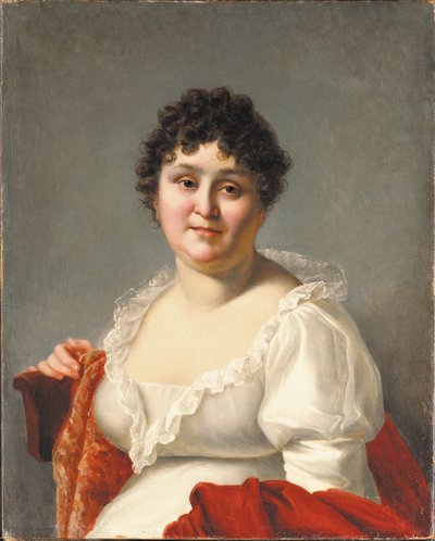 Retrato de Madame Regnault, busto, con un vestido blanco y un chal de caqui de Jean Baptiste Regnault