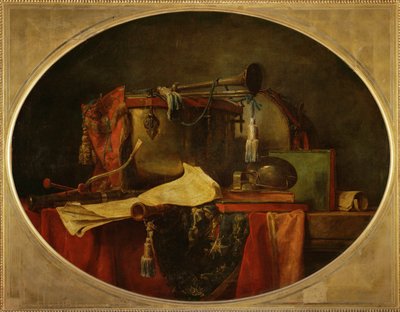 Les attributs de la music guerriere - Los atributos de la música marcial, supraporte para el Chateau de Bellevue1767 ... de Jean-Baptiste Simeon Chardin