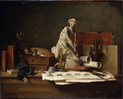 ""Bodegón con Atributos de las Artes"" (Bodegón con Atributos de las Artes) Escultura de Mercurio rematada con un pétaso, paleta de pintor, libros. Pintura de Jean Baptiste Simeon Chardin (1699-1779) Dim. 112x140,5 cm Museo del Hermitage, Saint Petersbo de Jean Baptiste Simeon Chardin