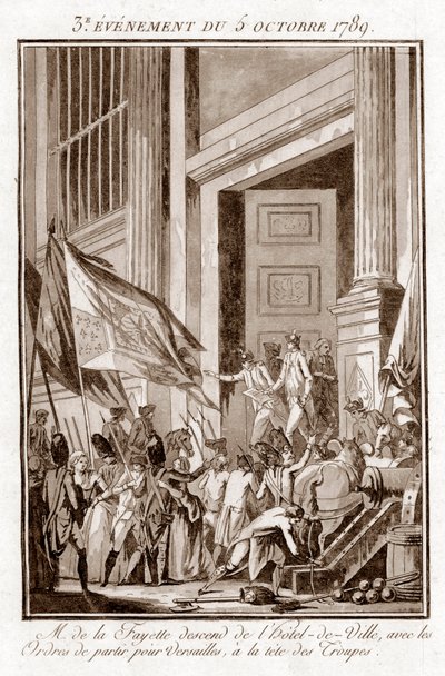 Revolución Francesa - La Fayette saliendo del Ayuntamiento de París para ir a Versalles, 5 de octubre de Jean Francois Janinet