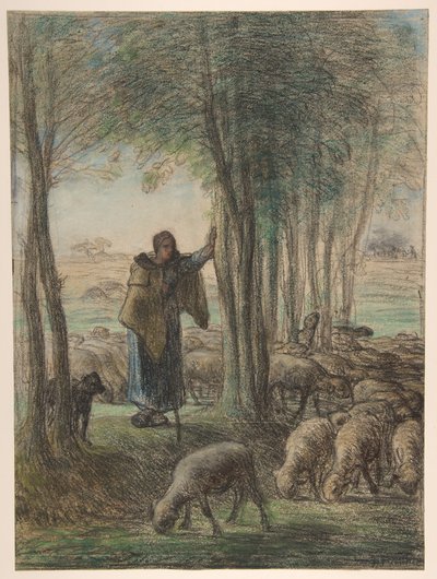 Una pastora y su rebaño a la sombra de los árboles de Jean-Francois Millet