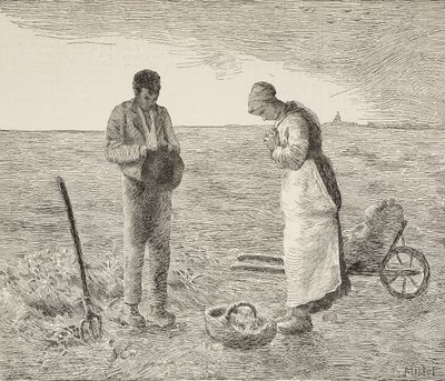 Angelus, pareja de campesinos en el campo, grabado de un cuadro de Jean-Francois Millet (1814-1875), pintor francés, de L