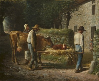 Campesinos llevando a casa un ternero nacido en los campos, 1864 de Jean Francois Millet