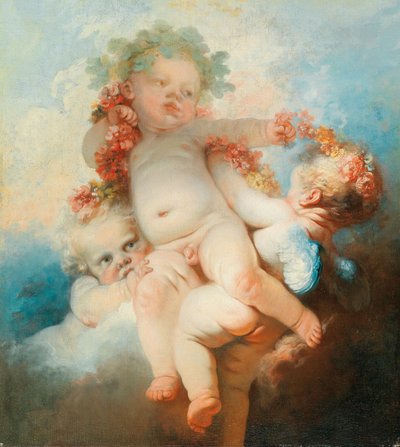Tres putti coronados de flores (óleo sobre lienzo) de Jean Honore Fragonard