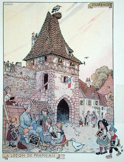 Un soldado francés enseñando francés a los niños alsacianos que han vuelto a ser ciudadanos franceses, ilustración de "Histoire de l