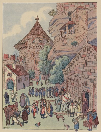 Salida del Caballero de Hohbarr hacia las Cruzadas (litografía en color) de Jean Jacques Waltz