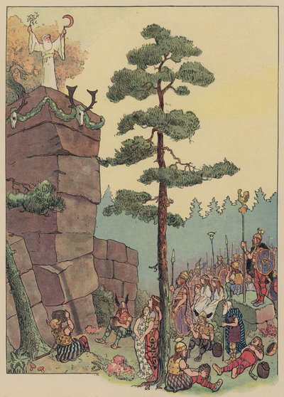 Druidas celebrando una fiesta en el Maennelstein, Alsacia (litografía en color) de Jean Jacques Waltz