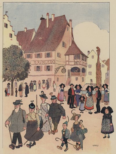 Turistas alemanes en un pueblo de Alsacia (litografía en color) de Jean Jacques Waltz