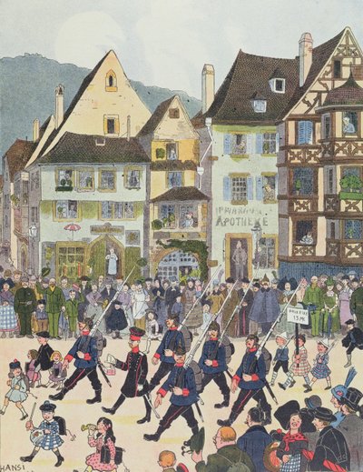 Herr Forstner saliendo de Saverne con sus soldados tras comprar chocolate en 1913, ilustración de "Histoire d