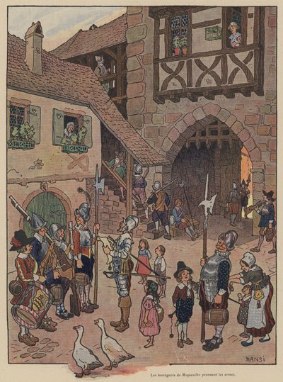 Los burgueses de Riquewihr llamados a las armas (litografía en color) de Jean Jacques Waltz