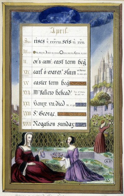 Abril: Damas en un jardín (Tauro) - facsímil de las Horas de Ana de Bretaña, por Jean Bourdichon de Jean (after) Bourdichon