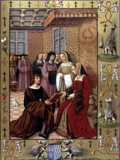 Jean Marot ofreciendo su libro, Le Voyage de Genes, a la Reina Ana de Bretaña. Después de una iluminación de Jean Bourdichon, circa 1508 de Jean (after) Bourdichon