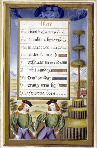 Mayo: Árbol de Mayo (Géminis) - facsímil de las Horas de Ana de Bretaña, por Jean Bourdichon de Jean (after) Bourdichon