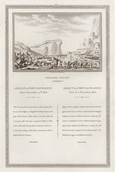 Captura del fuerte de Gawilghur por los británicos bajo el mando de Arthur Wellesley, Segunda Guerra Anglo-Maratha, India de Jean (after) Duplessi Bertaux