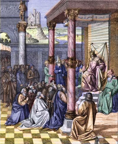 Ciro II el Grande (580 a.C. - 530 a.C.), rey de Persia, liberó a los judíos exiliados en Babilonia en 539 a.C. Grabado después de una miniatura de Jean (Jehan) Fouquet (ca. 1420 -1477/1481). Grabado por Chevignard de Jean (after) Fouquet