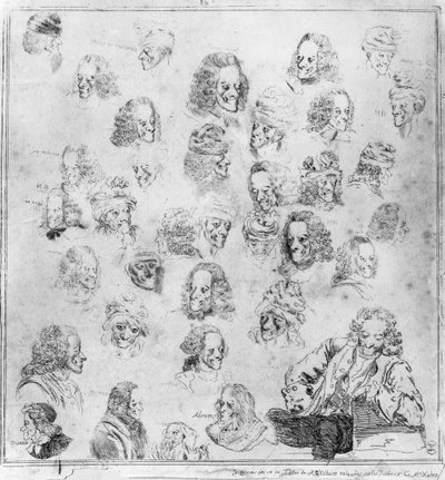Diferentes melodías en 30 cabezas de Voltaire. Retratos de François Marie Arouet, conocido como Voltaire (1694-1778) "diferentes fisonomías de Voltaire". Agua fuerte atribuida a Dominique Vivant-Denon (Vivant Denon) (1747-1825) después de Jean Huber (1721- de Jean (after) Huber