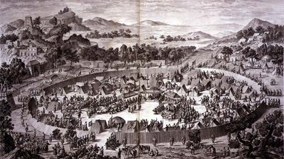 Tchao-Hoei en su campamento bajo las murallas de Yerechim recibe el homenaje de los habitantes de la ciudad y provincia en julio de 1759, placa 4 de la serie de grabados que representan las conquistas de Qianlong, el Emperador de China, grabado por Pierre  de Jean (d.1781) (after) Damascene