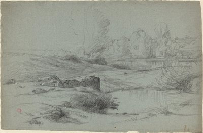 Un prado rocoso junto a un río de Jean Achille Benouville