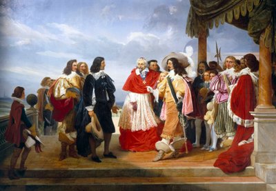Nicolas Poussin, pintor francés, llegando de Roma es presentado a Luis XIII, Rey de Francia, por el Cardenal Richelieu (detalle) de Jean Alaux