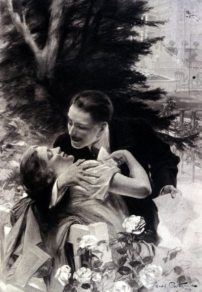 Escena de seducción. Grabado de André Castaigne. 1922. de Jean Alexandre Michel Andre Castaigne