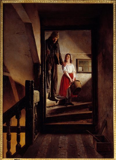 El bastón de la vejez Una niña ayudando a un anciano a bajar una escalera de Jean Alphonse Roehn