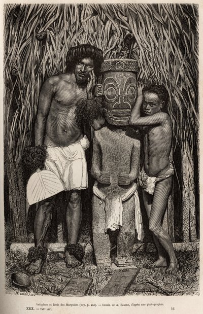Un habitante de la isla Hiva-Oa y su hijo, rodeando un ídolo de madera tallada que representa al dios Tiki, en el archipiélago de las Islas Marquesas, grabado según un dibujo de A. Rixens ilustrando los recuerdos del Pacífico, en 1872-1874, por de Jean Andre Rixens