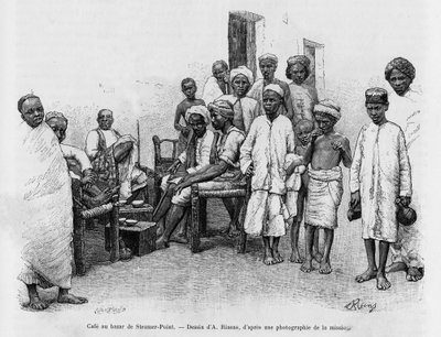 Café en el Bazar Steamer Point, Adén, Yemen. Grabado por A. Rixens para ilustrar la historia A Suse, diario de excavaciones de Jean Andre Rixens