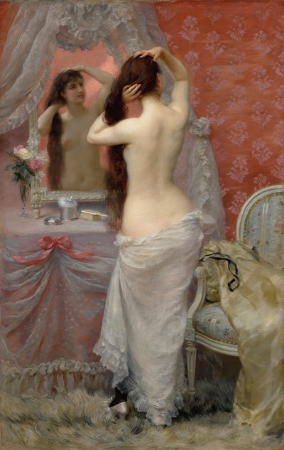 Joven mujer desnuda peinándose en un interior, 1887 de Jean Andre Rixens