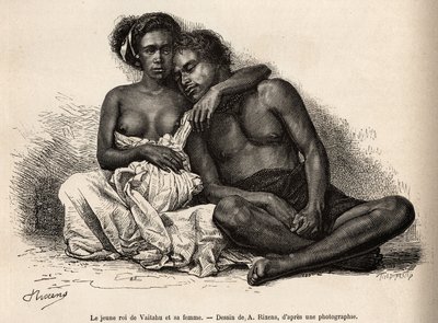 El joven rey de Vaitatu, en la isla de Tauata, en el archipiélago de las Islas Marquesas, rodeado por los brazos de su esposa, grabado después de un dibujo de A. Rixens ilustrando los recuerdos del Pacífico, en 1872-1874, por A. Pailhes, un oficial de barc de Jean Andre Rixens