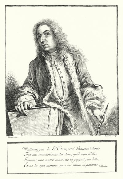 Autorretrato del artista francés Antoine Watteau (grabado) de Jean Antoine (after) Watteau