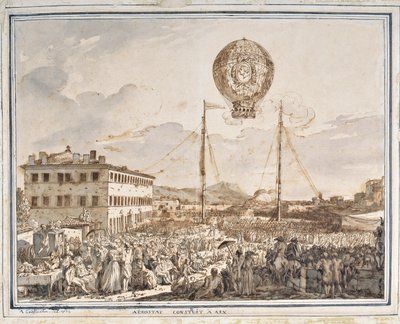 Aerostato construido en Aix. Un globo construido en Aix en Provence. Dibujo de Jean Antoine Constantin dit Constantine d