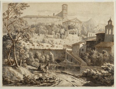 Un artista dibujando a lo largo de una ribera, debajo de una ciudad italiana, c.1780 de Jean Antoine Constantin