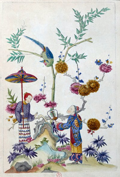 Dibujo de un jarrón chino: pareja en un jardín. Pintura de Jean Antoine Fraisse (siglo XVIII) de Jean Antoine Fraisse