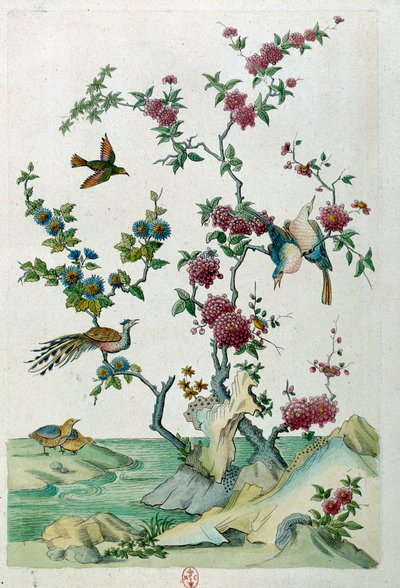 Dibujo de un jarrón chino: pájaros y flores de Jean Antoine Fraisse
