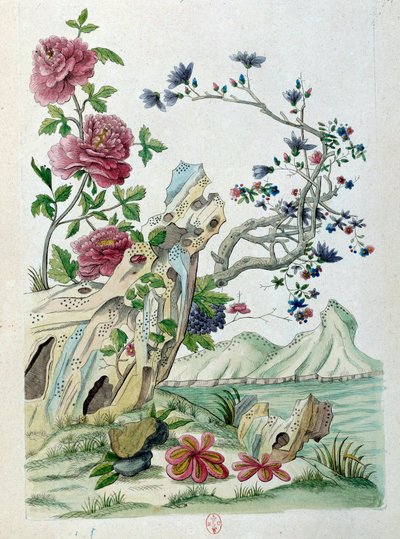 Dibujo de un jarrón chino: flores en un paisaje. Pintura de Jean Antoine Fraisse (siglo XVIII) de Jean Antoine Fraisse